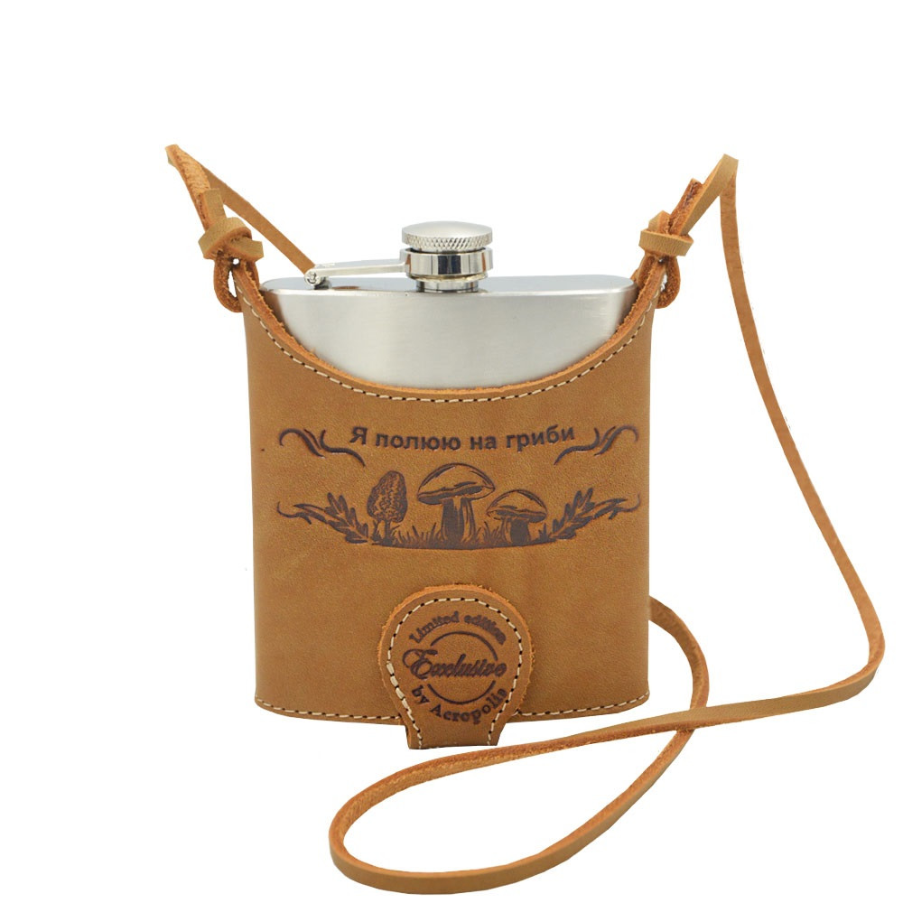 Фляга металева в шкіряному чохлі «Я полюю на гриби», 210мл Acropolis ФЛ-1г
