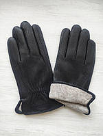 Шкіряні чоловічі рукавички з оленячої шкіри, підкладка в'язання, чорні