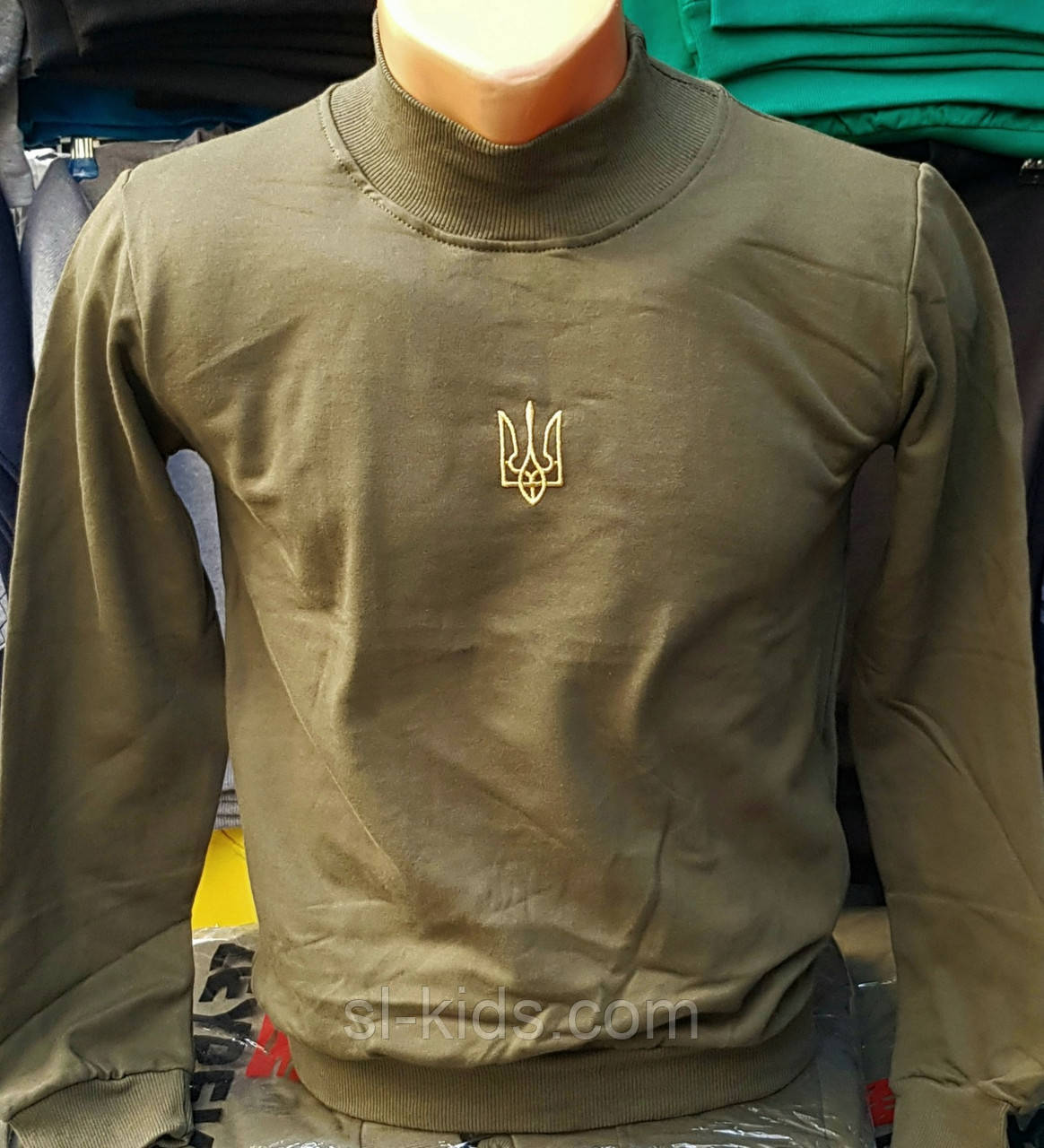 Реглан стійка дитячий на флісі "Герб України" для хлопчика 7-11 років (хакі) 128-152 см (гурт)