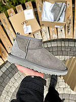 Уги жіночі UGG Classic Ultra Mini Grey Suede сірі короткі на хутрі овчина стильні