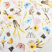 Бязь "Луг" сухоцветы с бабочками и пчелами белом фоне № М-3166