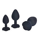 Набір силіконових анальних корків "Троянда" - 3 шт. (S/M/L) - Чорний — Анальні іграшки, фото 2