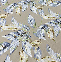 Ткань хлопковая тефлоновая листья голубые крупные бежевая для скатерти штор римских штор
