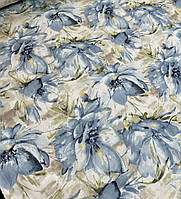 Ткань хлопковая тефлоновая цветы голубые крупные бежевая для скатерти штор римских штор