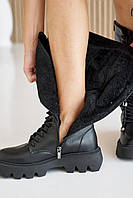 Женские ботинки кожаные зимние высокие черные на меху, на шнурках и молнии