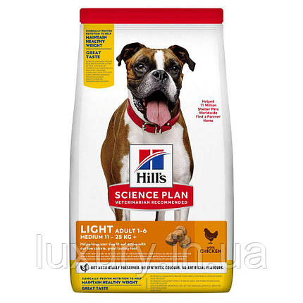 Hill’s Science Plan Adult Light Medium Breed Сухий корм для схильних до зайвої ваги дорослих собак середніх порід, з куркою, 14 кг, фото 1