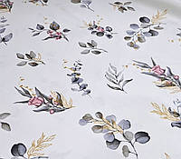Ткань тефлоновая хлопковая цветы розочки веточки серыедля скатерти штор римских штор