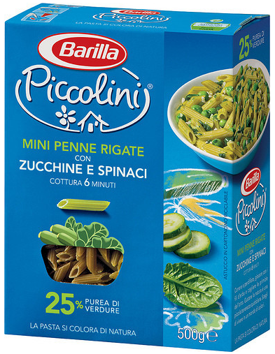 Макарони дитячі твердих сортів Barilla «Piccolini» mini Pene Rigate зі шпинатом і цукіні 250 г.