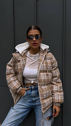 Теплий жіночий кашеміровий пуховик з капюшоном із футера трендова клітинка Gm2516, фото 1