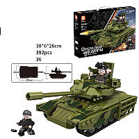 Военный конструктор современный танк зеленый камуфляж и 2 мини фигурки в коробке (392 деталей)