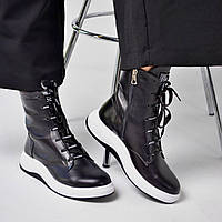 Жіночі трендові осінні черевики шнурівка з написами натуральна шкіра біла підошва чорні