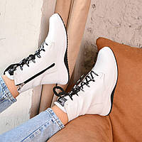 Жіночі трендові осінні черевики шнурівка з написами в спортивному стилі натуральна шкіра білі