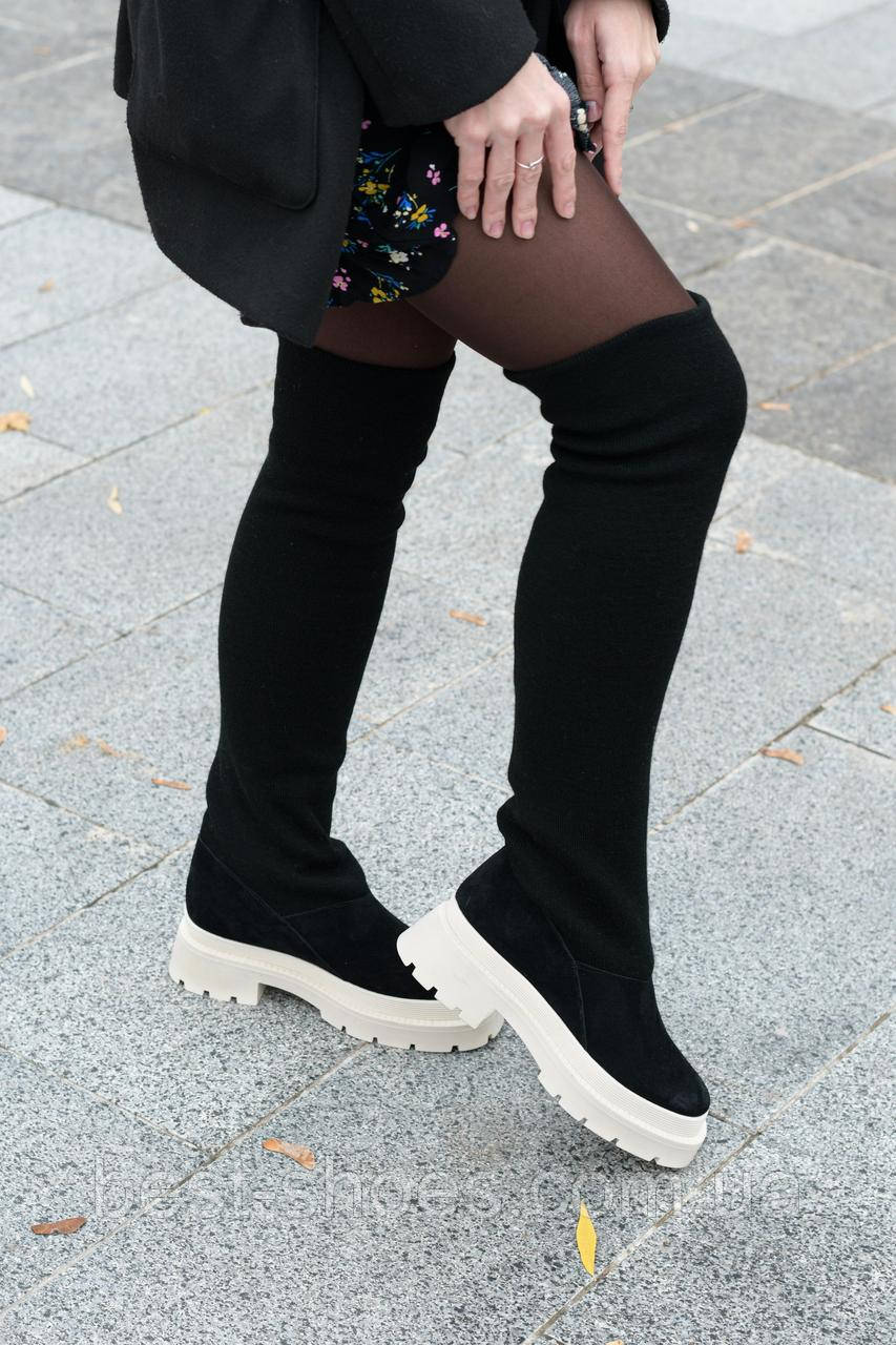Високі демі чоботи жіночі замшеві з трикотажним панчохом кремова підошва Sock-1181