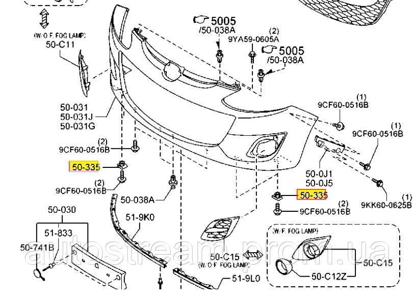 Клипса закладная крепление бампера Mazda 2, 3, 6, CX-3, CX-5, МХ-5