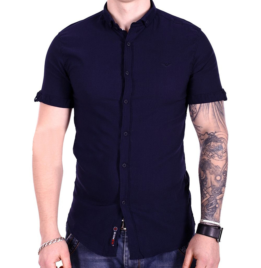 Однотонная рубашка с коротким рукавом Ronex s1018/2 Темно-синяя S