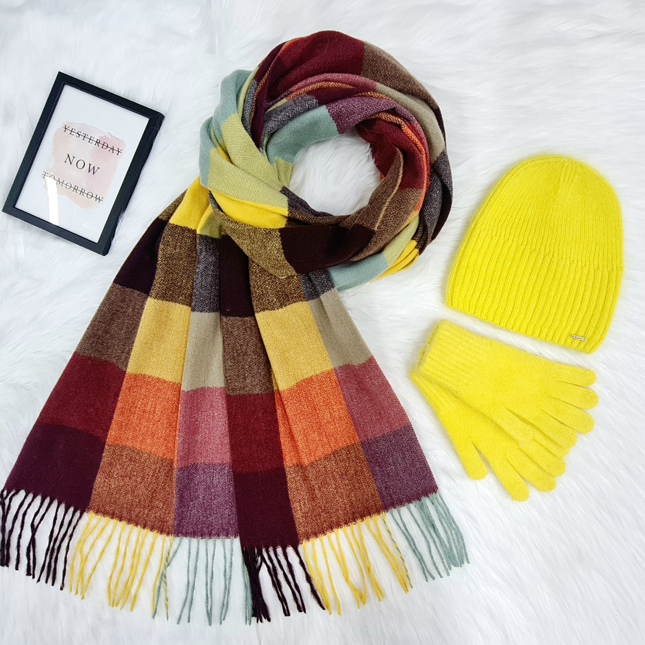 Комплект жіночий зимовий ангоровий на флісі (шапка+шарф+рукавички) ODYSSEY 55-58 см жовтий 12820 - 8024  - 4197, фото 1