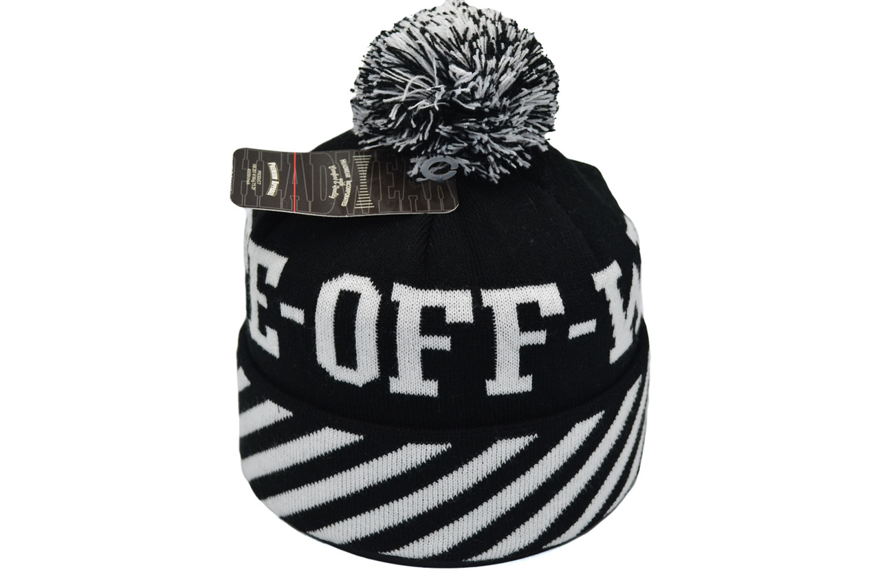 Шапка з помпоном Flexfit Off-White 53-57 см чорно-біла (F-0918-621)