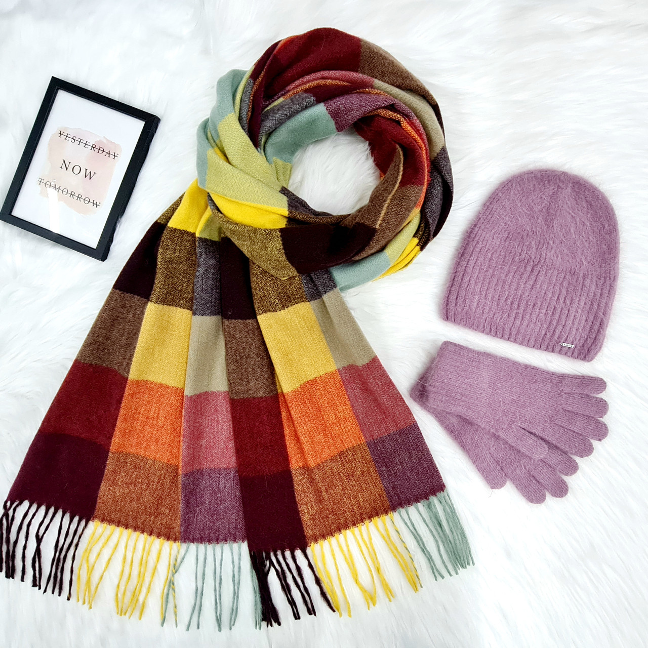 Комплект жіночий зимовий ангоровий на флісі (шапка+шарф+рукавички) ODYSSEY 55-58 см пудровий 12823 - 8024 - 4218, фото 1