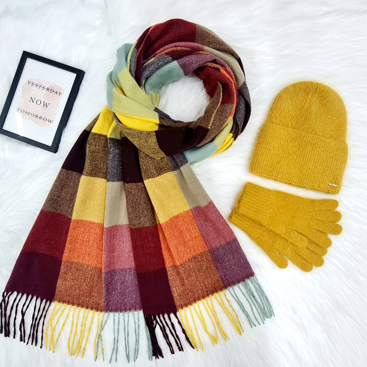 Комплект жіночий зимовий ангоровий на флісі (шапка+шарф+рукавички) ODYSSEY 55-58 см гірчічний 12637 - 8024 - 4195, фото 1