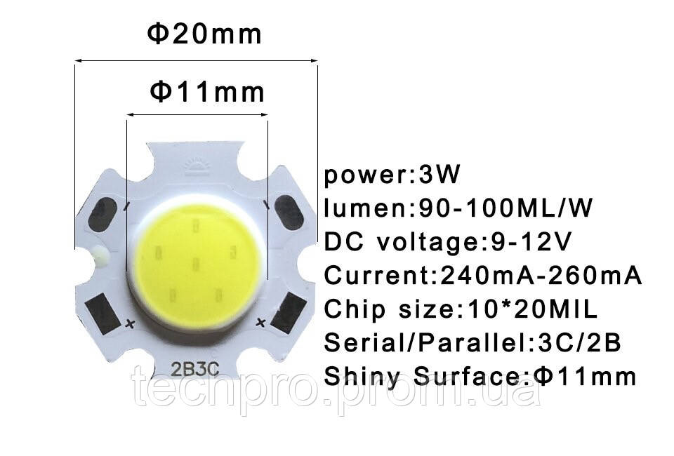 Светодиодный модуль COB LED 2B3C 3W 6000K Холодный белый (2011: 20mm / 11 mm) - фото 2 - id-p1968408080