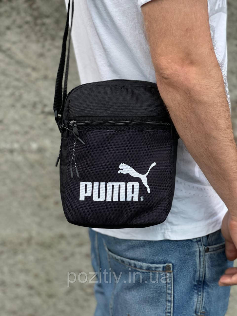 Барсетка через плече/сумка месенджер/бананка чорна з брендовим принтом пума, фото 1