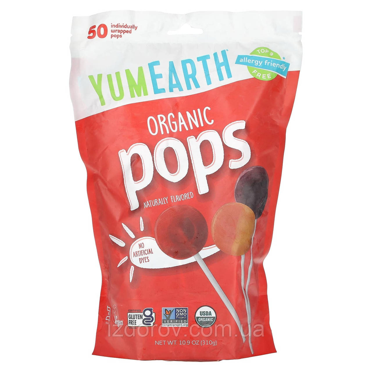 Органічні льодяники YumEarth organic pops асорті на паличці 50 льодяників 310 г