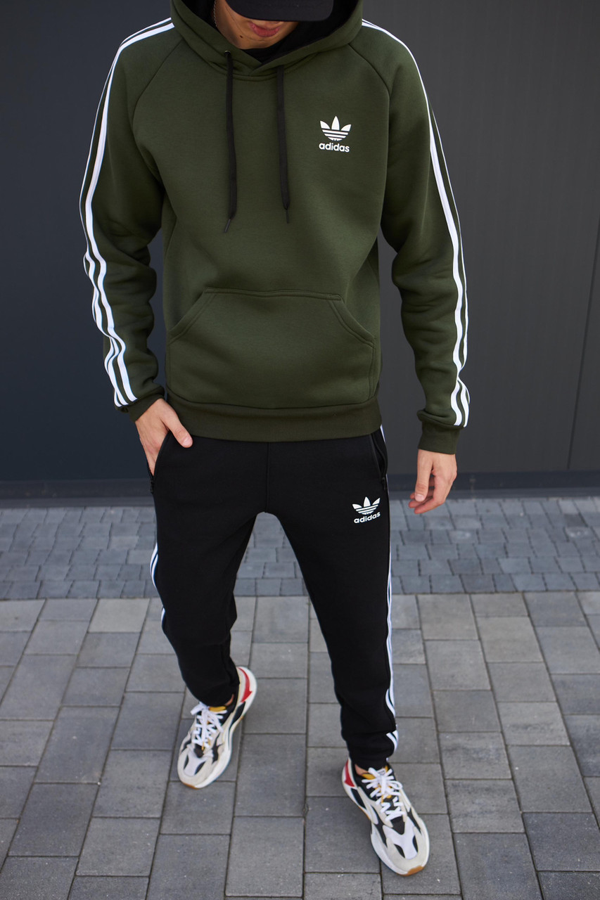 Спортивний костюм чоловічий Adidas теплий зимовий на флісі худі + штани чорний Туреччина. Живе фото, фото 1