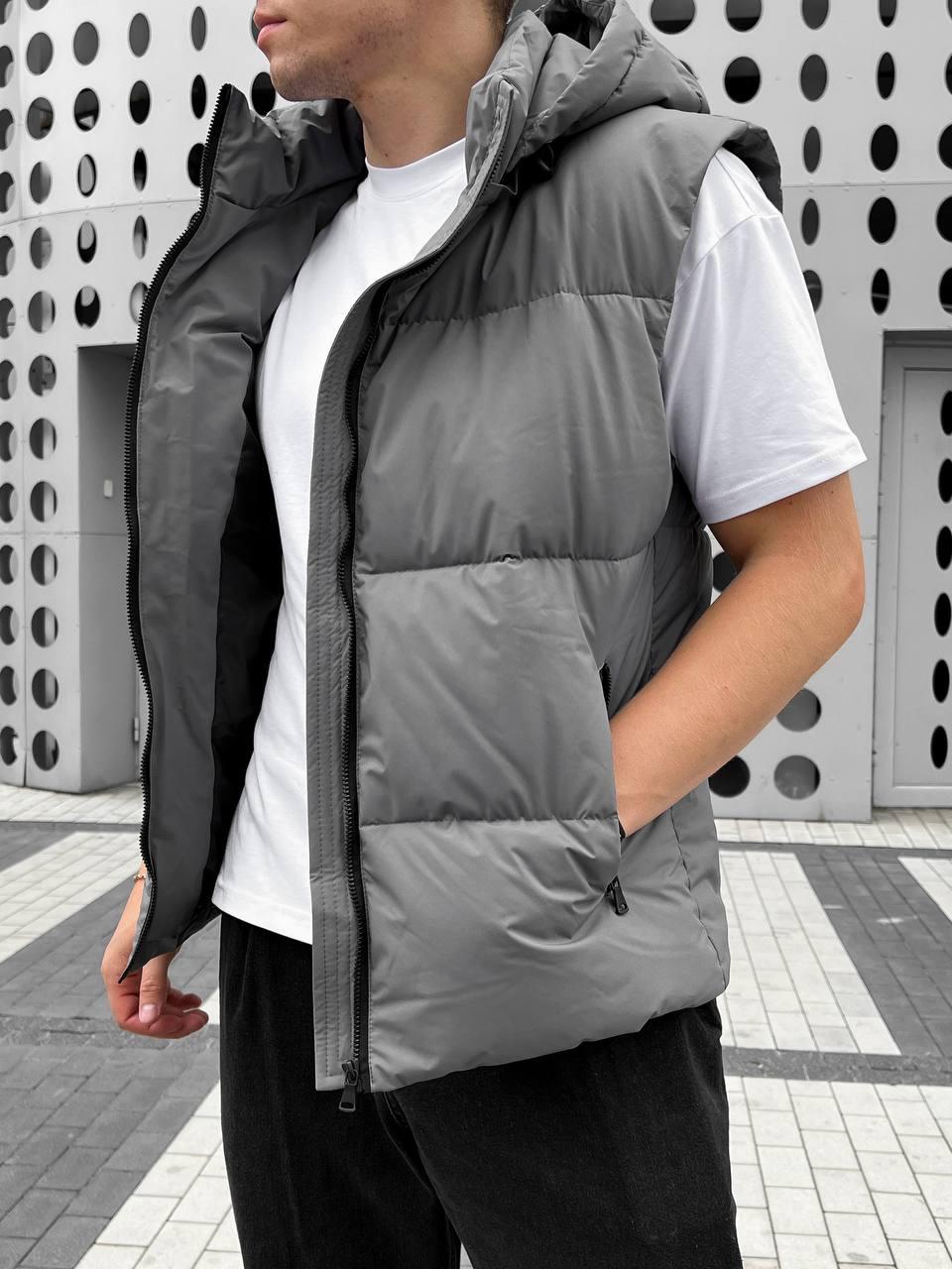 Жилетка чоловіча пухова до 0°C осіння весняна демісезонна soft графіт безрукавка з капюшоном стьобана жилет, фото 1