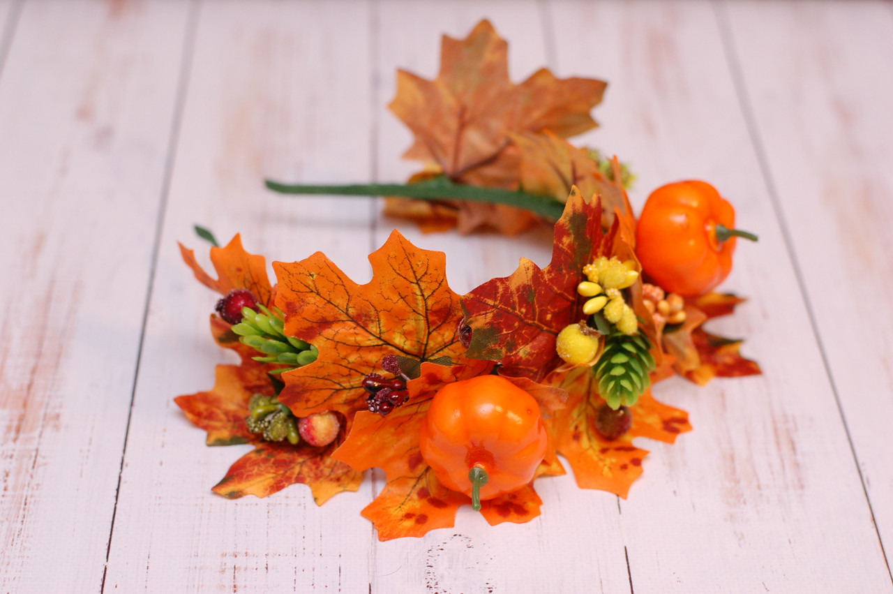 Ободок / обруч для волосся осінній з листям та гарбузом 217, фото 1