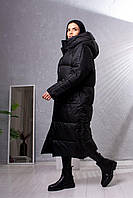 Черная женская зимняя длинная куртка с капюшоном на лебедином пуху, длинный пуховик с капюшоном, черный XS