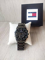 Мужской подарочный набор Tommy часы и кожаный кошелек total black высокое качество