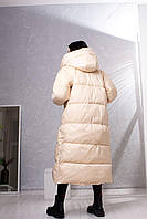Женская бежевая зимняя длинная куртка с капюшоном на лебедином пуху, длинный бежевый пуховик с капюшономL