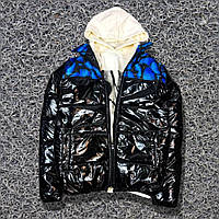 Куртка зимняя черного цвета лаковая с голубыми бабочками 7-375 высокое качество