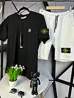 Комлект Stone Island, футболка черная, с лого и патчем, и белые шорты с патчем mk018 высокое качество
