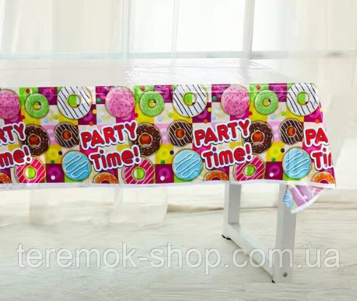 Скатертина одноразова з малюнком Пончики святкова яскрава поліетиленова 180х110 см, фото 1