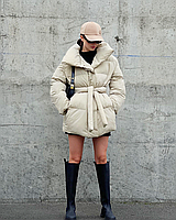 Женская бежевая зимняя куртка с поясом, бежевый пуховик на лебедином пухе, женская куртка-пуховик