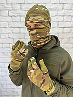 Комплект флисовая шапка бафф и перчатки мультикам для военных, тактическая шапка бафф перчатки теплые