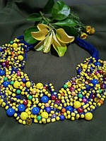 Украинское ожерелье ручной работы желто-синее за мотивами работ Марии Примаченко