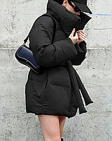 Женская черная зимняя куртка с поясом, черный пуховик на лебедином пухе, женская куртка-пуховик XS-S