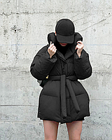 Женская черная зимняя куртка с поясом, черный пуховик на лебедином пухе, женская куртка-пуховик M-L