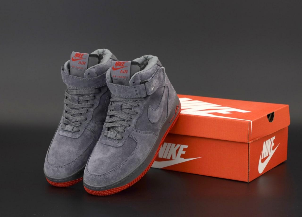 Чоловічі зимові кросівки Nike Air Force Grey Red (Сірі) Взуття Найк Аїр Форс замшеві з хутром на липучці зима
