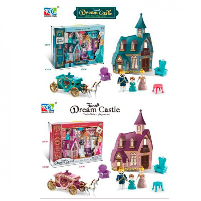 KDL-18-19 Іграшка Замок із фігурками 3 штуки, карета, меблі, 2 кольори, у коробці 37-28-7 см