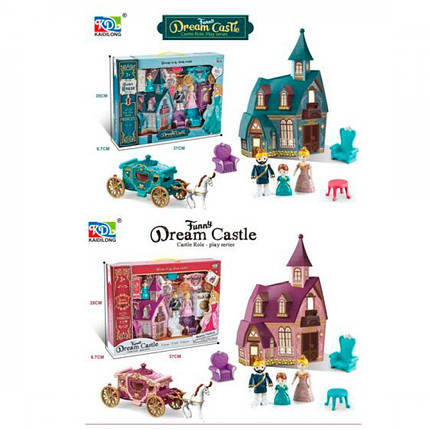 KDL-18-19 Іграшка Замок із фігурками 3 штуки, карета, меблі, 2 кольори, у коробці 37-28-7 см, фото 1