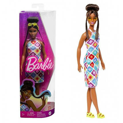 HJT07 Іграшка Лялька Barbie Модниця 30 см у платті з візерунком у ромб, фото 1