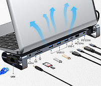 Хаб Док станція Deepfox-2212 10 в 1 USB Type-C концентратор для ноутбука 10 портів, фото 8