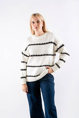 Жіночий светр з декоративною в'язкою біло-чорний 66005 (2000000115962)