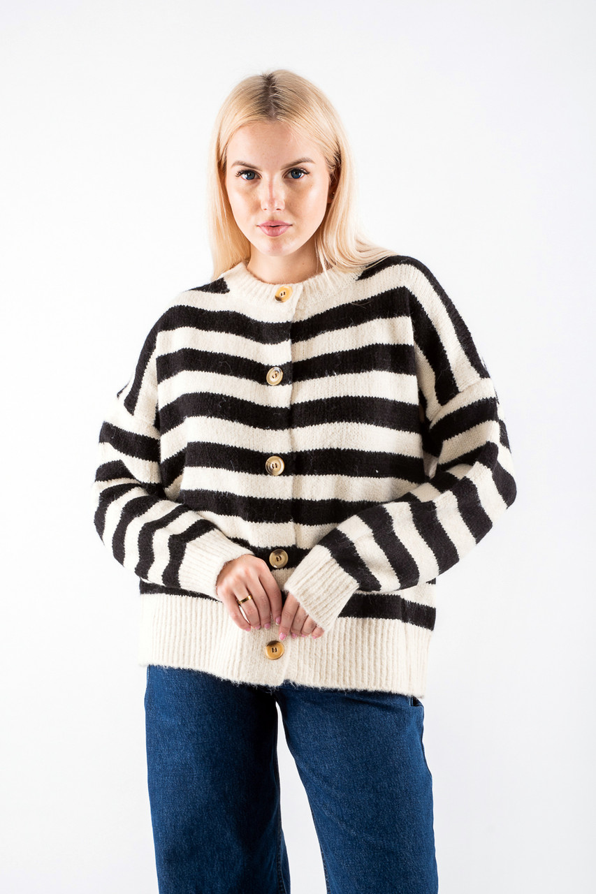 Жіночий кардиган в'язаний в смужку на гудзиках бежево-чорний 64017 (2000000115733), фото 1