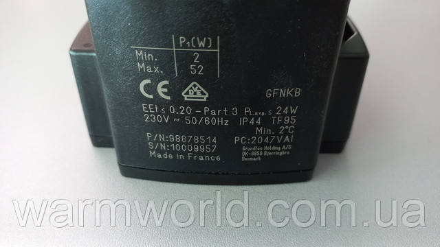 Min 2 W Max 52 W GFNKB EEI <= 0.2 - Part 3 P l avg <= 24W 230V 50/60Hz IP44 TF95 Min 2°C P/N:98878514 S/N 10009957 PC:2047VAI Gundfos Holding A/S DK-8850 Bjerringbro Denmark Made in France Min 2 W Max 52 W GFNKB EEI <= 0.2 - Part 3 P l avg <= 24W 230V 50/60Hz IP44 TF95 Min 2°C P/N:98878514 S/N 10009957 PC:2047VAI Gundfos Holding A/S DK-8850 Bjerringbro Denmark Made in France