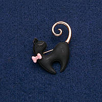 Брошь Кошка с розовым бантиком, черная матовая эмаль, золотистый металл 39х37мм +-