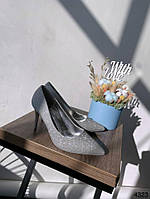 Женские туфли лодочки на высокой шпильке серебристые экокожа с острым носиком 37